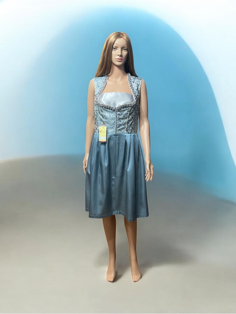 Alte Liebe Dress with Embroidered Bodice - Dusty Blue, Gray and Cream